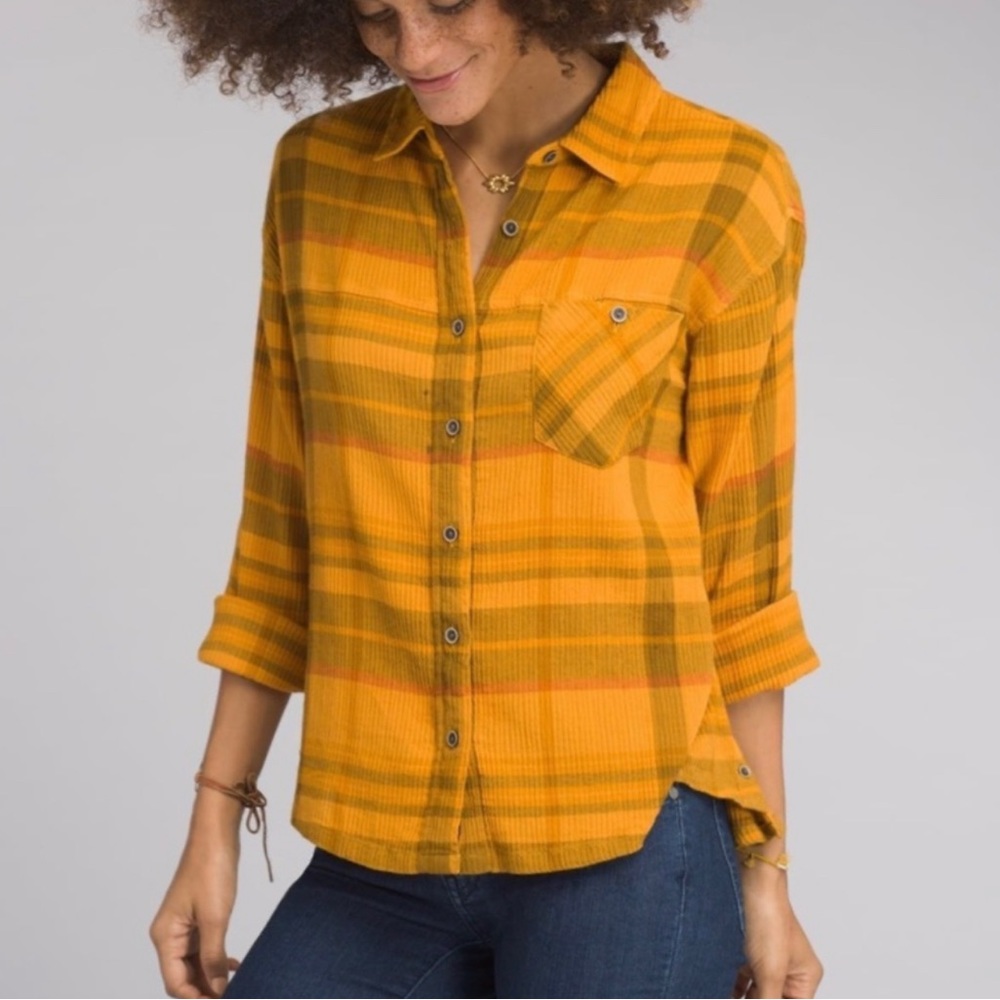 Prana sunray plaid fillary organic cotton button up shirt yellow
